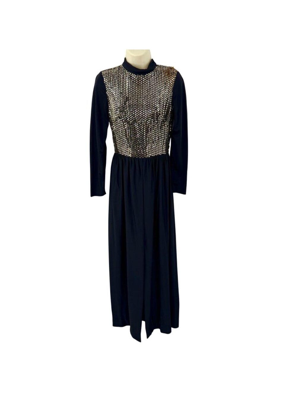 VINTAGE 60'S GOLD SEQUIN BLACK LONG SLEEVE MAXI DRESS RETRO GLAM